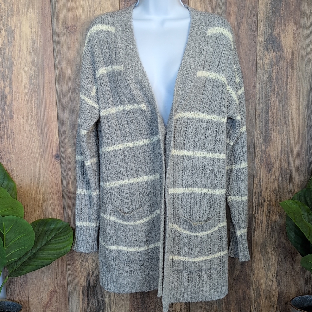 Pink Rose Gray and white Open Front Striped Cardigan M T146